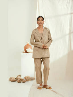 THE RIGHT CUT - Beige Linen Hand Embroidery Blazer Jacket with Crop Top