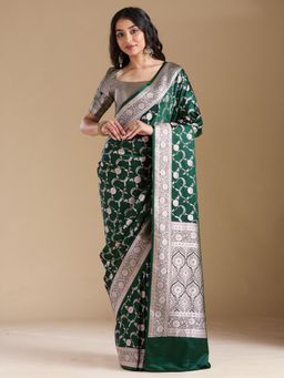 Koskii - Women Zariwork (Silver) Silk Saree With Unstitched Blouse