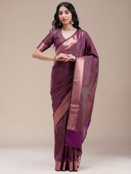 Koskii - Women Zariwork (Gold) Silk Saree With Unstitched Blouse