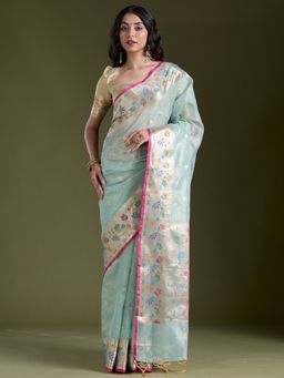 Koskii - Women Zariwork (Gold) Tissue Saree With Unstitched Blouse