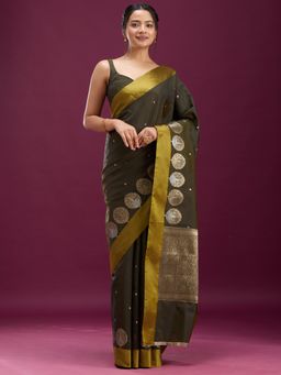 Koskii - Women Zariwork (Gold) Silk Saree With Unstitched Blouse