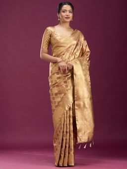 Koskii - Women Zariwork (Gold) Silk Saree With Unstitched Blouse