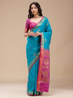 Koskii - Women Zariwork (Gold) Silk Saree With Unstitched Blouse