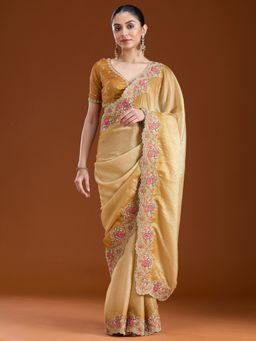 Koskii - Women Threadwork Tissue Saree With Unstitched Blouse