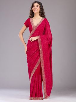 Koskii - Women Threadwork Georgette Saree With Unstitched Blouse