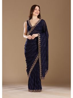 Koskii - Women Threadwork Georgette Saree With Unstitched Blouse