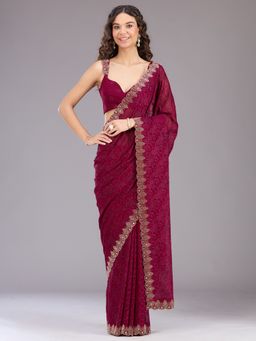 Koskii - Women Threadwork Georgette Saree With Unstitched Blouse