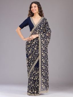 Koskii - Women Zariwork (Gold) Georgette Saree With Unstitched Blouse