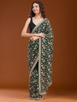 Koskii - Women Zariwork (Gold) Georgette Saree With Unstitched Blouse