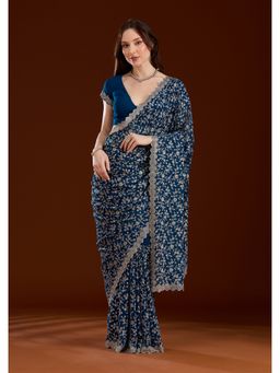 Koskii - Women Zariwork (Silver) Georgette Saree With Unstitched Blouse