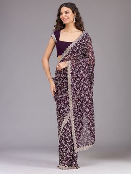 Koskii - Women Zariwork (Silver) Georgette Saree With Unstitched Blouse