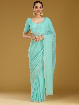 Koskii - Women Stonework (Silver) Chiffon Saree With Unstitched Blouse