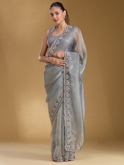 Koskii - Women Stonework (Gold) Tissue Saree With Unstitched Blouse