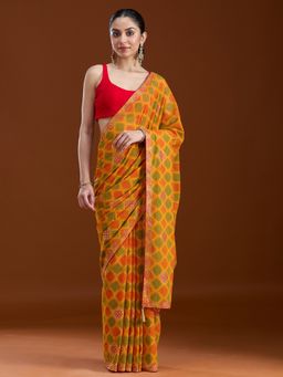Koskii - Women Stonework (Gold) Georgette Saree With Unstitched Blouse