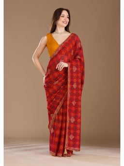 Koskii - Women Stonework (Gold) Georgette Saree With Unstitched Blouse