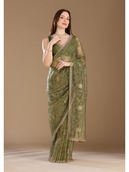 Koskii - Women Threadwork Tissue Saree With Unstitched Blouse