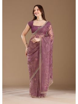 Koskii - Women Threadwork Tissue Saree With Unstitched Blouse