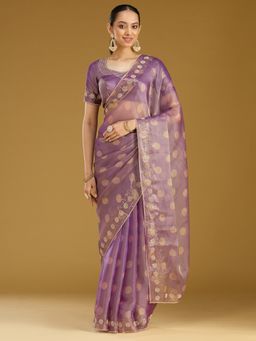 Koskii - Women Stonework (Gold) Tissue Saree With Unstitched Blouse
