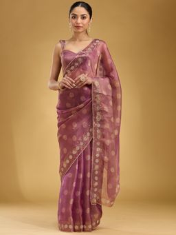 Koskii - Women Stonework (Gold) Tissue Saree With Unstitched Blouse