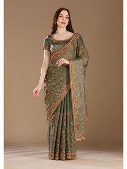 Koskii - Women Threadwork Tissue Saree With Unstitched Blouse