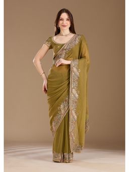 Koskii - Women Stonework (Gold) Tissue Saree With Unstitched Blouse
