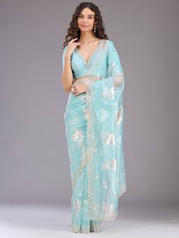 Koskii - Women Stonework (Gold) Organza Saree With Unstitched Blouse