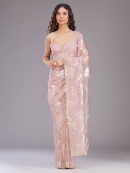 Koskii - Women Stonework (Gold) Organza Saree With Unstitched Blouse