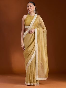 Koskii - Women Zariwork (Gold) Tissue Saree With Unstitched Blouse