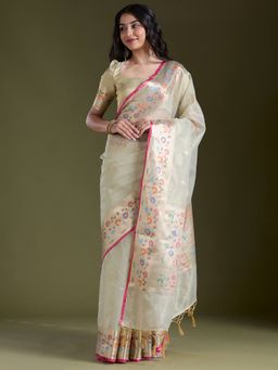 Koskii - Cream Silk Handloom Saree with Unstitched Blouse