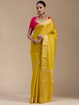 Koskii - Yellow Georgette Handloom Saree with Unstitched Blouse