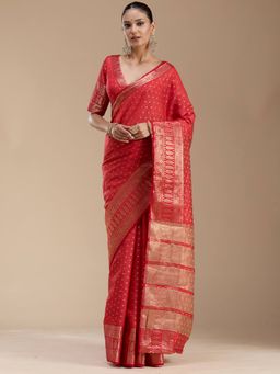 Koskii - Red Silk Handloom Saree with Unstitched Blouse