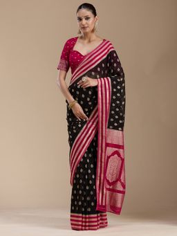 Koskii - Black Georgette Handloom Saree with Unstitched Blouse
