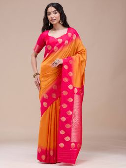 Koskii - Orange Silk Handloom Saree with Unstitched Blouse
