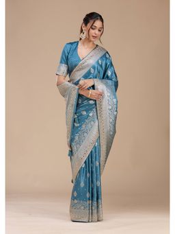 Koskii - Blue Silk Handloom Saree with Unstitched Blouse