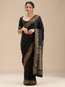 Koskii - Black Silk Handloom Saree with Unstitched Blouse