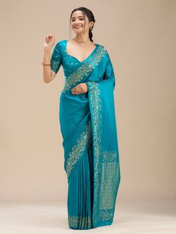 Koskii - Blue Silk Handloom Saree with Unstitched Blouse