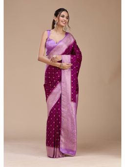 Koskii - Purple Satin Handloom Saree with Unstitched Blouse