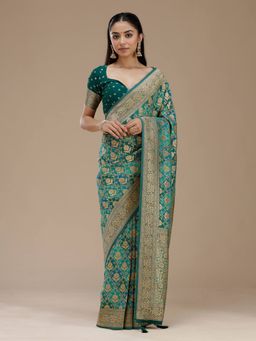 Koskii - Blue Silk Handloom Saree with Unstitched Blouse