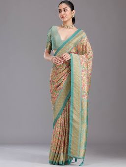 Koskii - Green Silk Handloom Saree with Unstitched Blouse