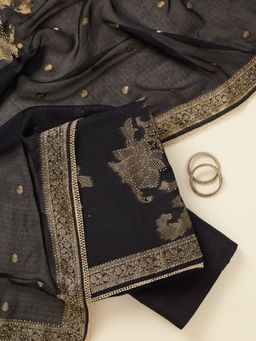 Koskii - Black Silk Unstitched Kurta With Bottom & Dupatta