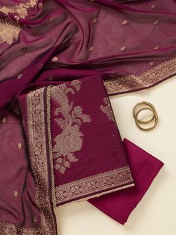 Koskii - Wine Silk Unstitched Kurta With Bottom & Dupatta