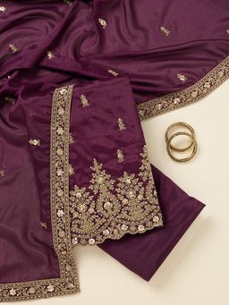 Koskii - Purple Chinon Unstitched Kurta With Bottom & Dupatta