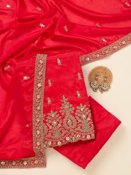 Koskii - Red Chinon Unstitched Kurta With Bottom & Dupatta