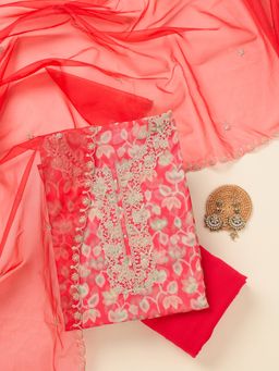 Koskii - Red Tissue Unstitched Kurta With Bottom & Dupatta