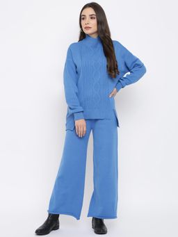 IKI CHIC - Blue Cabel Knit High Neck Top And Wide Leg Trouser Set