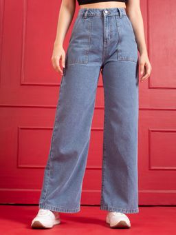 TARAMA - High Rise Patch Pockets Wide Leg Jeans
