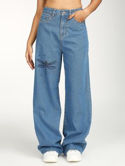 TARAMA - Dragonfly Print Wide-Leg High-Waist Jeans