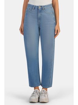 Virgio - Solid Cotton Denim Barrel Fit Mid Waist Jeans for Women