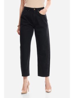 Virgio - Solid Cotton Denim Barrel Fit Mid Waist Jeans for Women