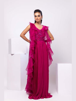 SMRITI - Fushia Pink Grace Ruffles Cape with Top and Skirt